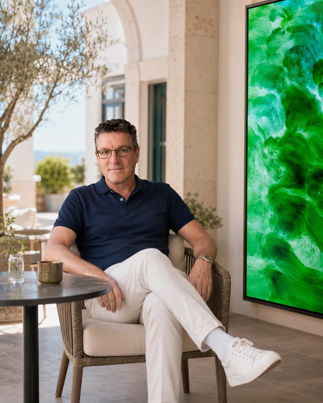 Ed Reininga in een lichte ruimte, met een groen kunstwerk op de achtergrond